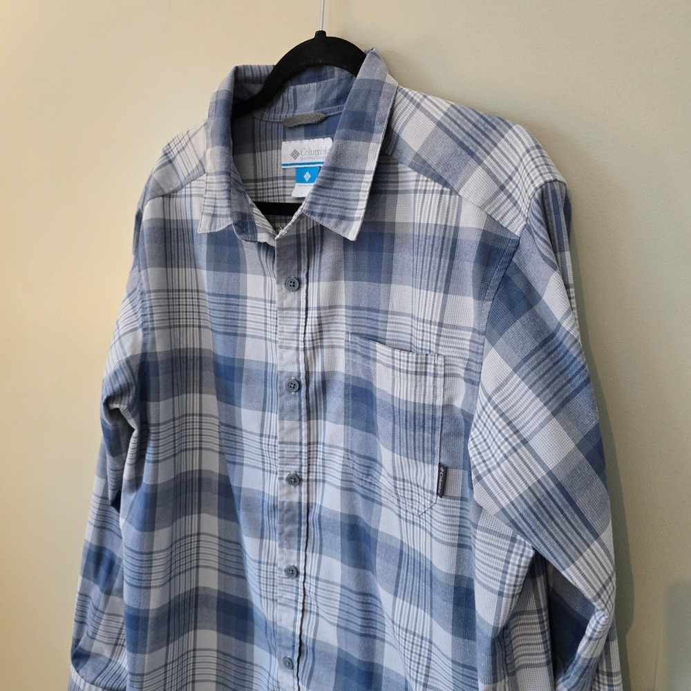 Columbia Mens L Blue White Plaid Button Front Utility Trail Hike Shirt Gorpcore - Picture 5 of 8